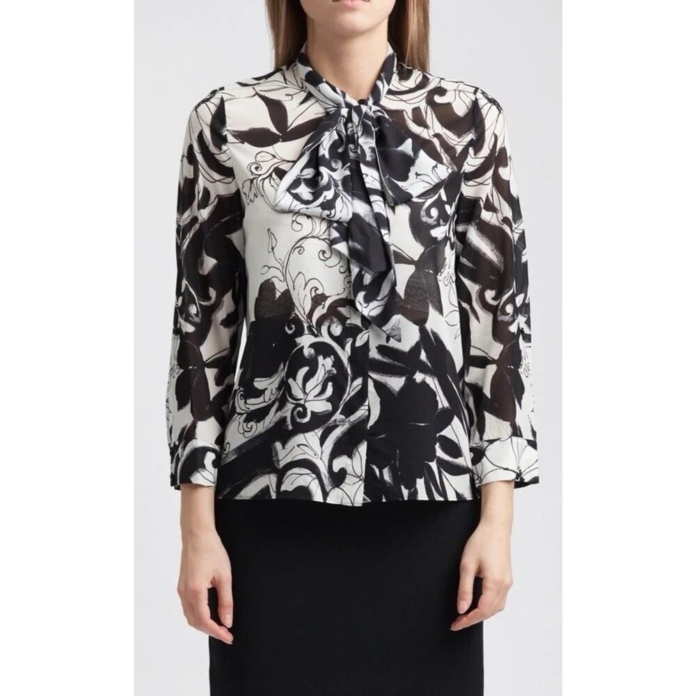 Alice + Olivia Abigail Silk Tie Neck Blouse XS Black White Stretch